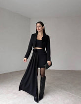 Black Cropped Blazer & High-Waist Skirt Set – Power Chic